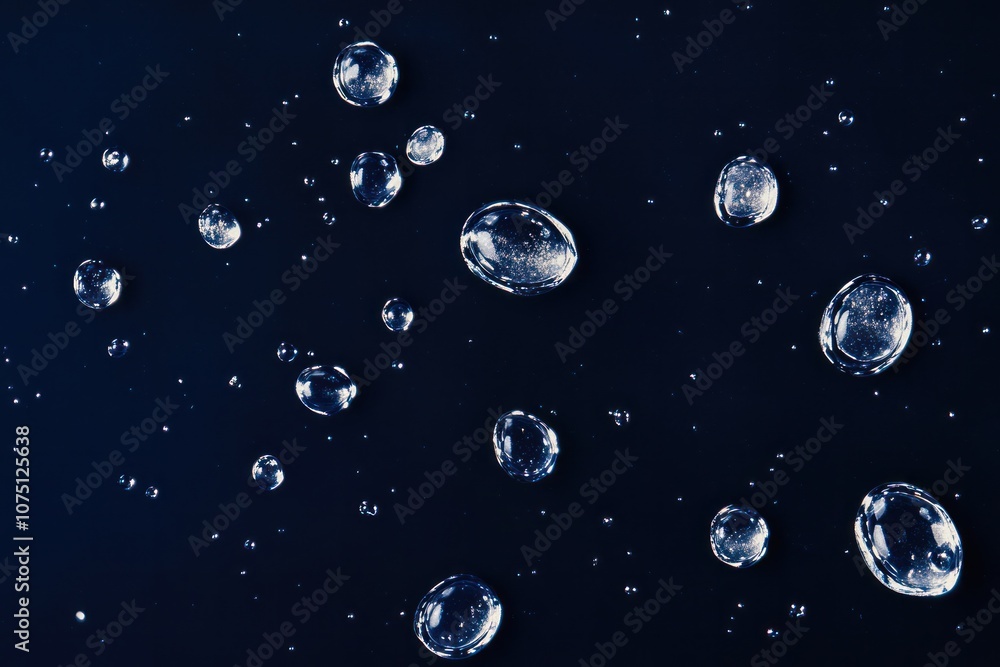 Poster a collection of rain droplets in various sizes, forming a delicate pattern on a deep blue background