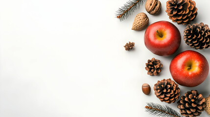 Apples, Pine Cones and Nuts on White Background, red apple, red apples, hazelnut, hazelnuts, almond