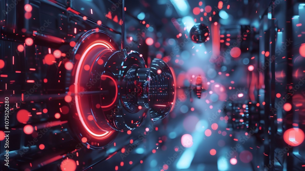 Poster a computer generated image of a futuristic cityscape with neon lights and glowing orbs. scene is fut