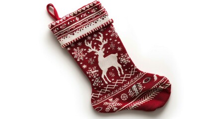 A red Christmas stocking with a reindeer design, isolated on white background
