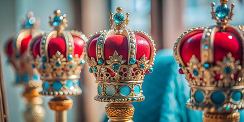 Naklejka premium Detailed Close Up of Reyes Magos Ceremonial Scepters Highlighting Ornate Designs and Symbolic Significance Perfect for Magazine Advertisements or Banners with Copy Space