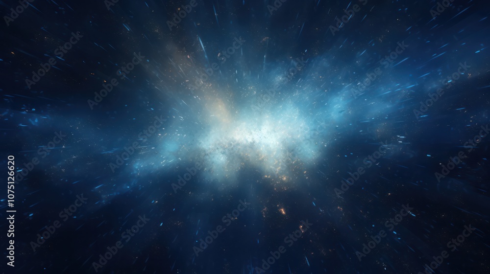 Poster a deep dark blue canvas accentuated by glowing particles that pulse with light, creating an illusion