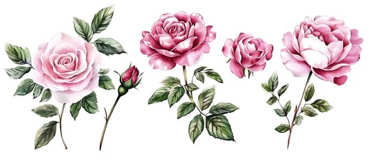 Set watercolor elements of roses, peonies collection garden pink flowers, leaves, branches, Botanic illustration