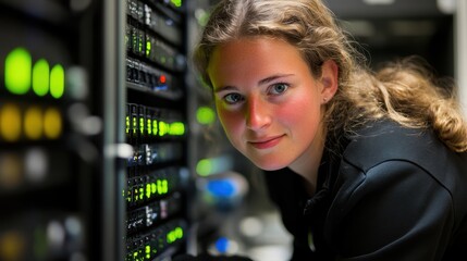 Female Engineer Calibrating Modern Server Settings