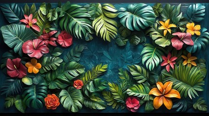 Naklejka premium lush green foliage enveloping a tropical jungle scene, filled with rich textures and vibrant colors, capturing the essence of untouched nature and biodiversity