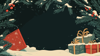 Vector Christmas background with dark green sky, snowflakes, colorful wrapped gifts, pine tree branches, and snow in foreground