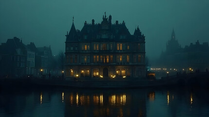 Fototapeta premium Photo Night Fog Canal City Lights Reflection Building Architecture Dark Moody Eerie Amsterdam Netherlands Europe
