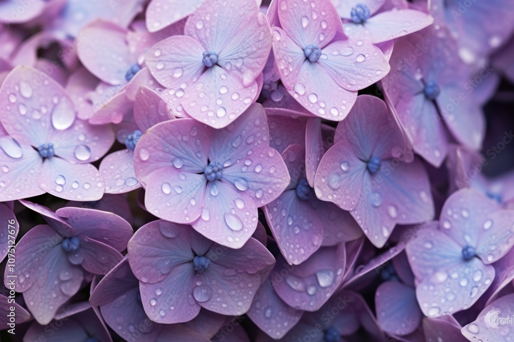 Poster a detailed view of a cluster of hydrangea flowers in soft lavender tones, with rain cascading down a