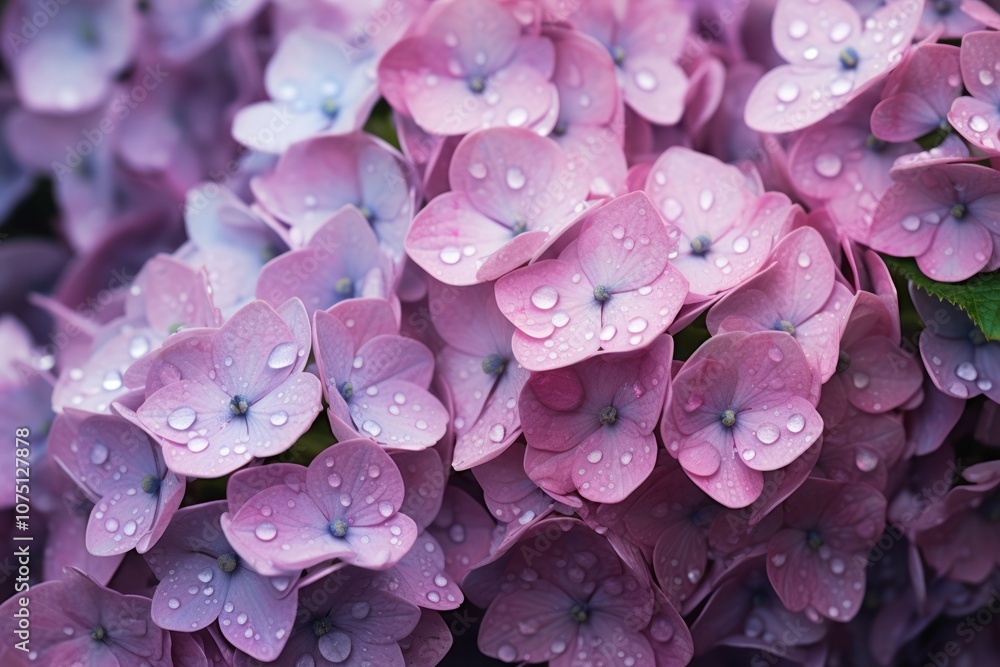 Poster a detailed view of a cluster of hydrangea flowers in soft lavender tones, with rain cascading down a