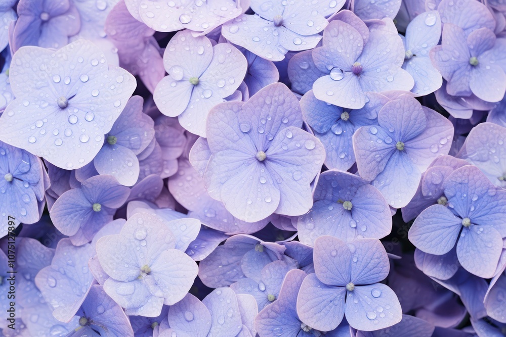 Poster a detailed view of a cluster of hydrangea flowers in soft lavender tones, with rain cascading down a