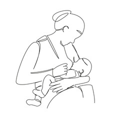 One continuous single drawing line art flat doodle mother, child, family, breastfeed, person, female, woman, newborn, breast. Isolated image hand draw contour on a white background, hand drawn, not AI