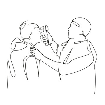 recommend clip art: One continuous single drawing line art flat doodle eye, patient, care, woman, doctor, examining, eyesight, optometry, man, adult. Isolated image hand draw contour on a white background, hand drawn, no