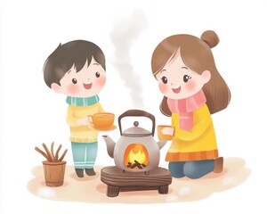 Children enjoying warm drinks by a kettle in a cozy atmosphere.