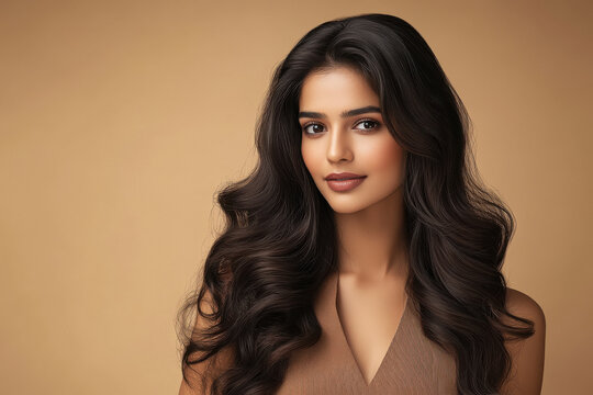 beautiful Indian woman with long, wavy hair styled in vintage waves, wearing an elegant brown dress - Powered by Adobe