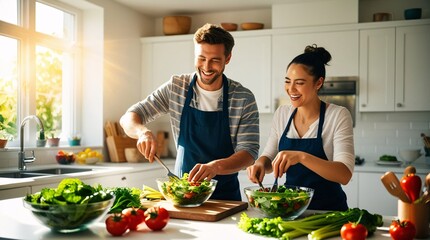 A cheerful couple is chopping vegetables and mixing a fresh salad in a well-lit kitchen. They enjoy the process, showcasing teamwork and a love for healthy cooking amidst a lively ambiance