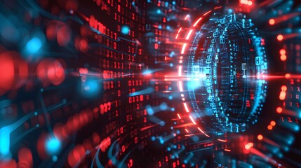 Fototapeta premium A computer generated image of a futuristic cityscape with neon lights and glowing orbs. Scene is futuristic and technologically advanced