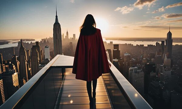 Female superhero on a skyscraper.