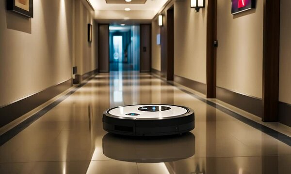 Robot vacuum cleaner cleaning a hotel.