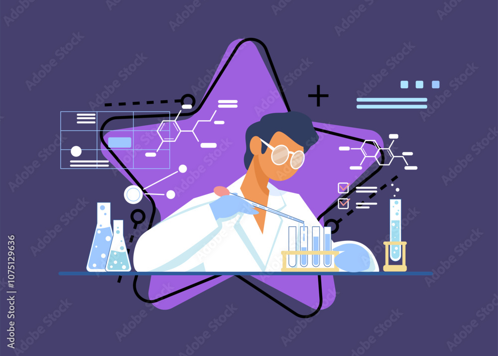 Poster chemist working in lab. scientist using test tubes flat vector illustration. chemical experiment, la