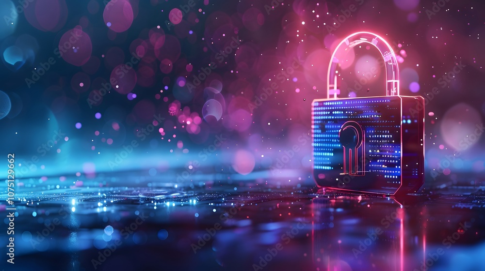 Poster a blue and purple background with a lock on it. the lock is on a piece of paper that is on a compute