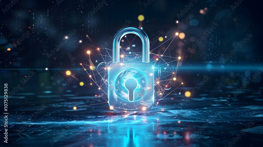 Poster a blue and red image of a keyhole with a red light shining on it. concept of security and protection