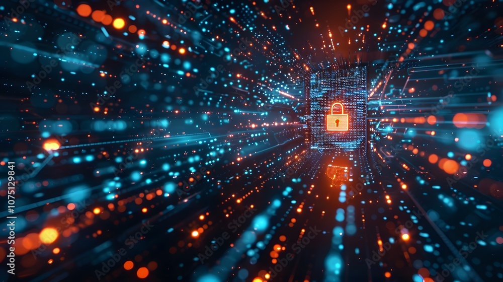 Poster a computer screen shows a red and blue lock with a person inside. the lock is surrounded by a colorf