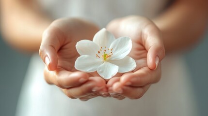 A gentle touch of nature held between two hands as a delicate white flower radiates purity and tranquility in soft light