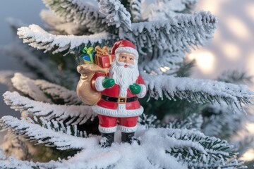 Santa Claus figurine with gifts standing on a snow covered pine branch