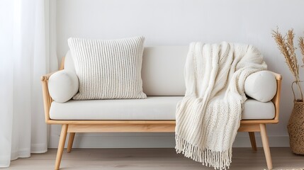 Scandinavian Minimalist Living Room with Cozy Couch and Soft Textures