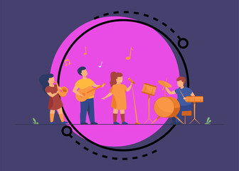 Cute young musicians at school music festival flat vector illustration. Cartoon children playing musical instruments and singer singing on party. Entertainment, performance and hobby concept