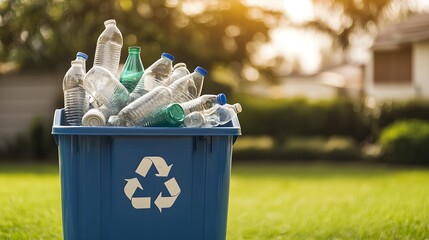 A Collection of Clear Plastic Bottles in a Blue Recycling Bin Surrounded by Lush Green Grass under a Bright Sunny Sky
