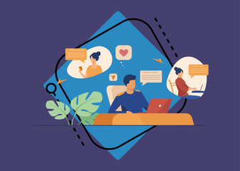 Couple chatting on dating website. Happy man and woman using laptops and cells with speech bubbles above. Vector illustration for internet communication, social network, finding partner concept