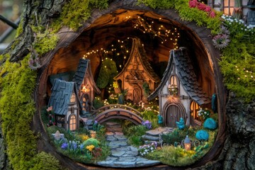 Obraz premium A miniature fairy village nestled inside a tree trunk illuminated by fairy lights.