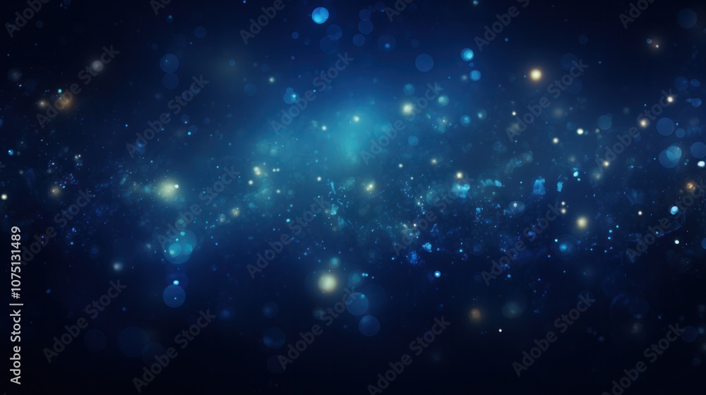 Poster a mesmerizing dark blue background filled with ethereal glowing particles that float gently in the a