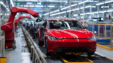 Naklejka premium Advanced Industrial Robotic Arms Assembling Cars on Conveyor Belt - High-Tech Manufacturing Plant with Bright Lighting and Detailed Mechanics