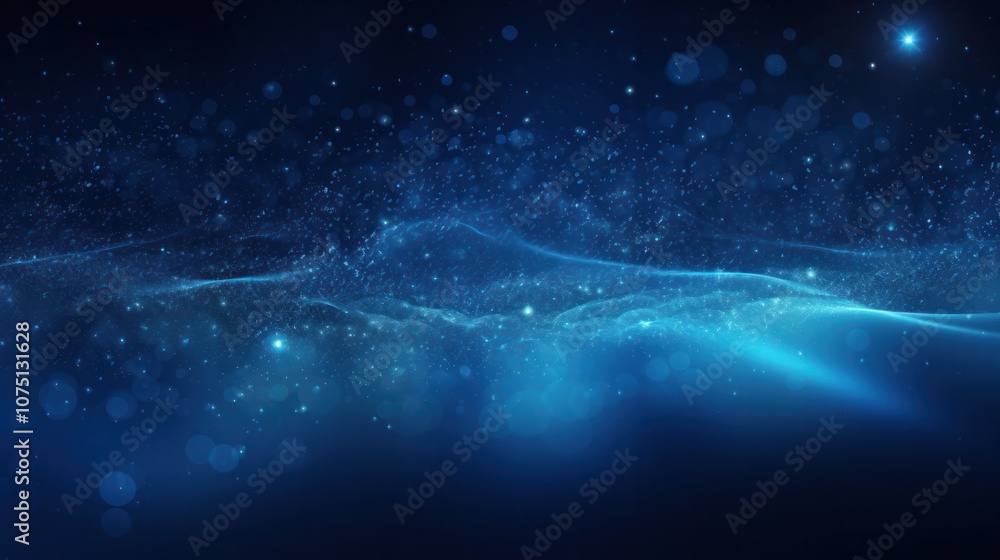 Poster a mesmerizing dark blue background filled with ethereal glowing particles that float gently in the a
