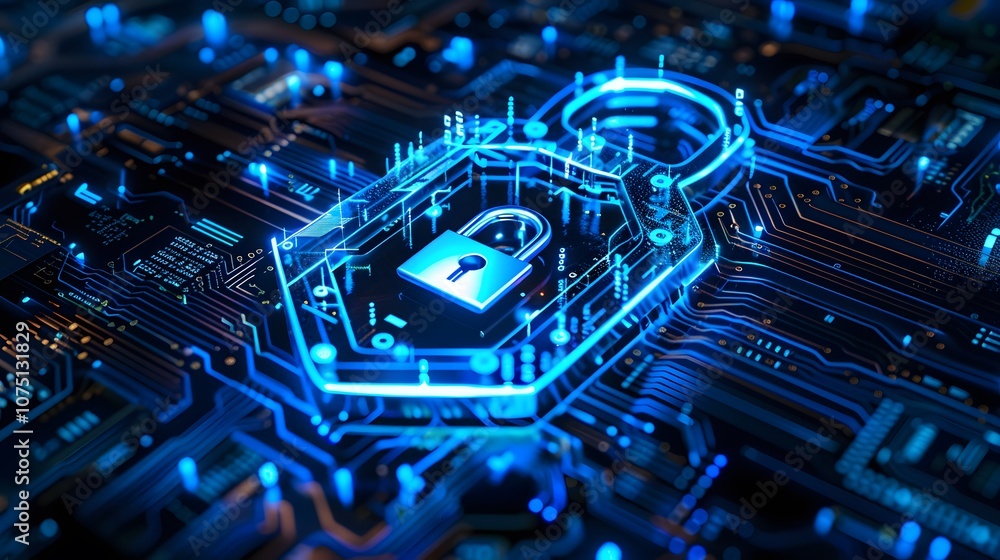 Poster a blue electronic device with a blue lock on it. the lock is positioned in the center of the device 