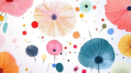 Colorful abstract flowers creating a vibrant artistic pattern on a white background.