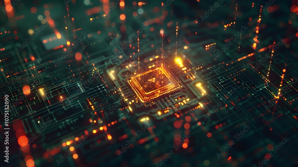 Poster a computer chip with a glowing yellow circle in the middle. the image is abstract and has a futurist