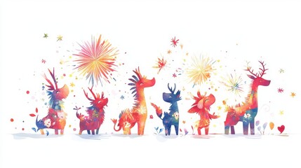 Naklejka premium Colorful art featuring animals celebrating with fireworks and joyful decorations.