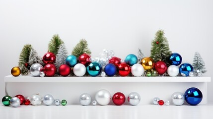 A modern Christmas display set against a clean white backdrop, showcasing an assortment of colorful Christmas balls in vibrant red, green, and blue hues
