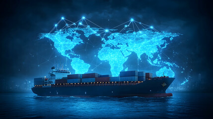 Global Shipping and Logistics Network, world map, container ship, cargo, shipping containers, freight