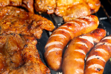 Grilled Meats Juicy, Flavorful Sausages and Deliciously Cooked Chicken Thighs to Enjoy