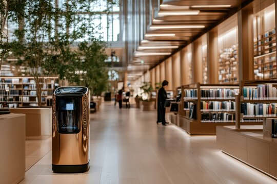 A spacious modern library with tall shelves and an innovative automated device for organizing books, showcasing the blend of technology and literature in public spaces.