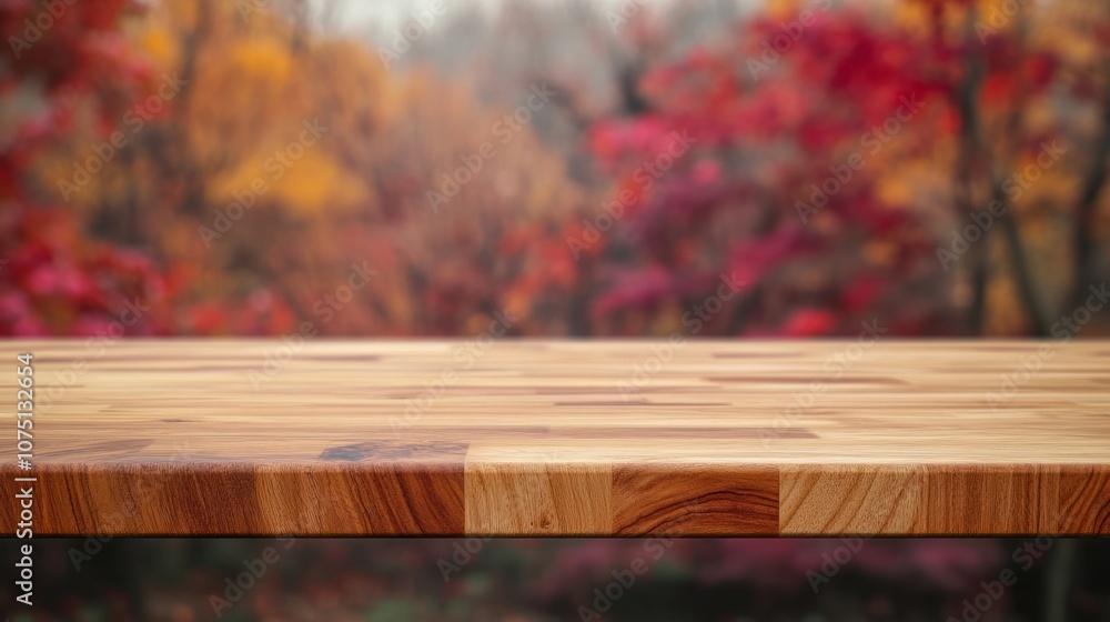 Poster a simple, clean wooden table top with visible grain patterns and a natural finish, placed in front o