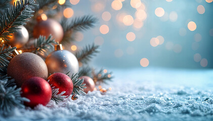 Pine branches, Christmas ornaments, snow, blurred lights. 
Festive holiday scene with pine branches, ornaments, snow, and twinkling lights. Perfect for Christmas greeting cards, winterthemed designs, 