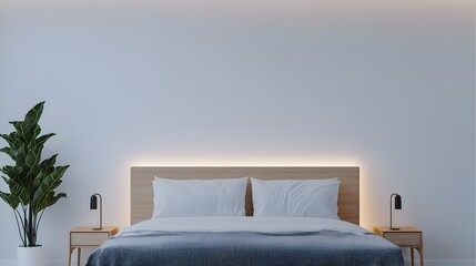 Cozy Minimalist Bedroom with Soft Gray Tones and Warm Glowing Lighting