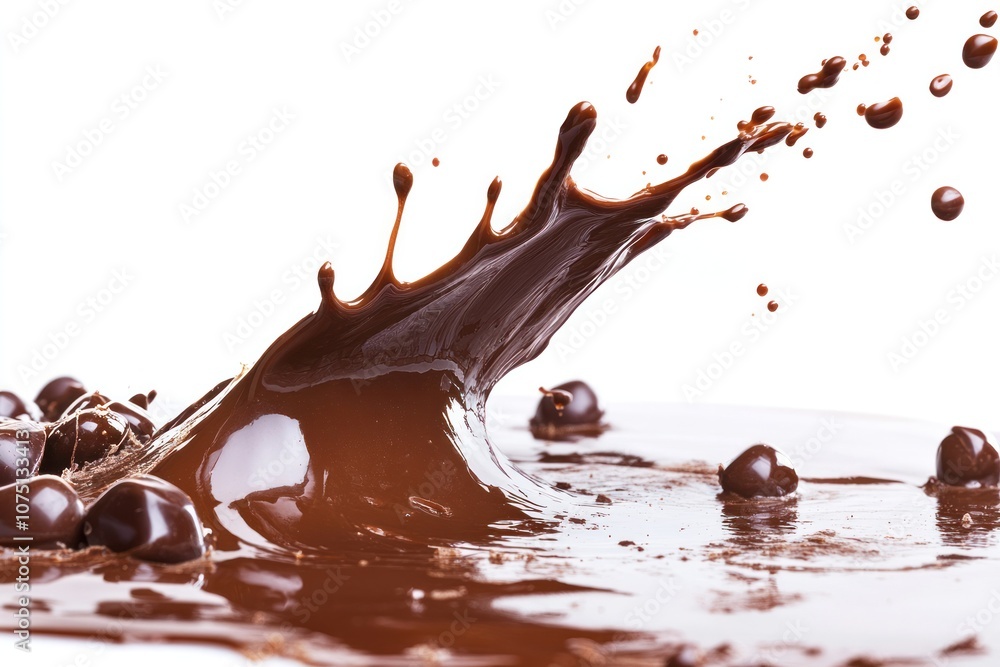 Poster a thick and glossy chocolate splash creating a curved arc, with several smaller droplets surrounding