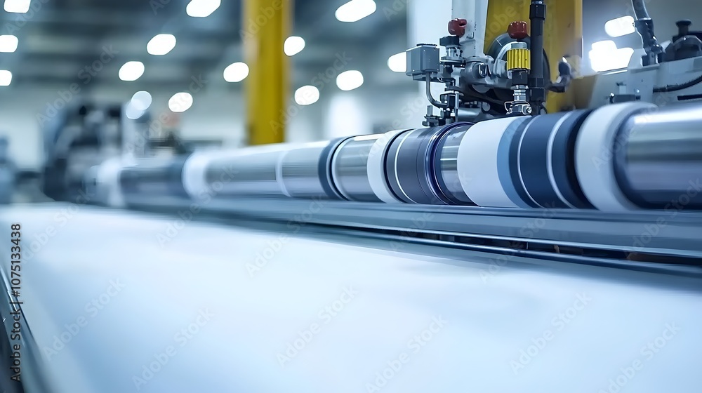 Poster intricate close-up of an industrial printing machine in action - detailed view of ink rollers and pa