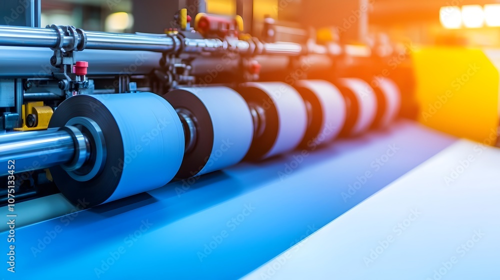 Poster intricate close-up of industrial printing machine in action - detailed view of ink rollers and paper